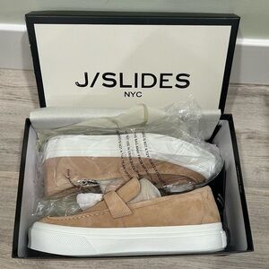 NIB J/SLIDES NYC Goliath Tan Suede Leather Loafer Shoes White Platform Size 8.5